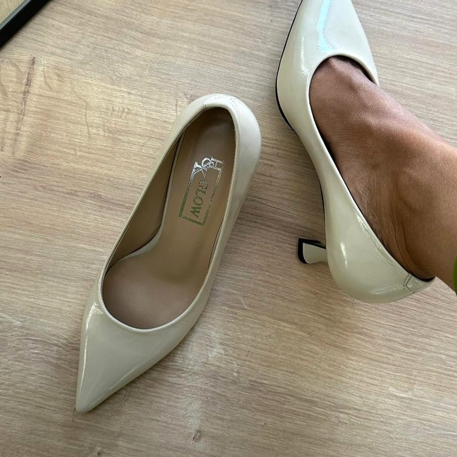 Hakiki Kırık Rugan Deri Stiletto - Bej