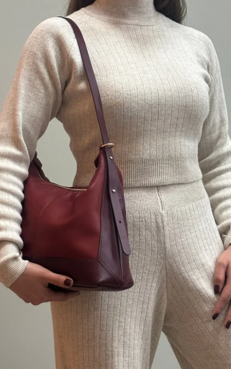 Mini Çantalı Hakiki Deri Çanta - Bordo