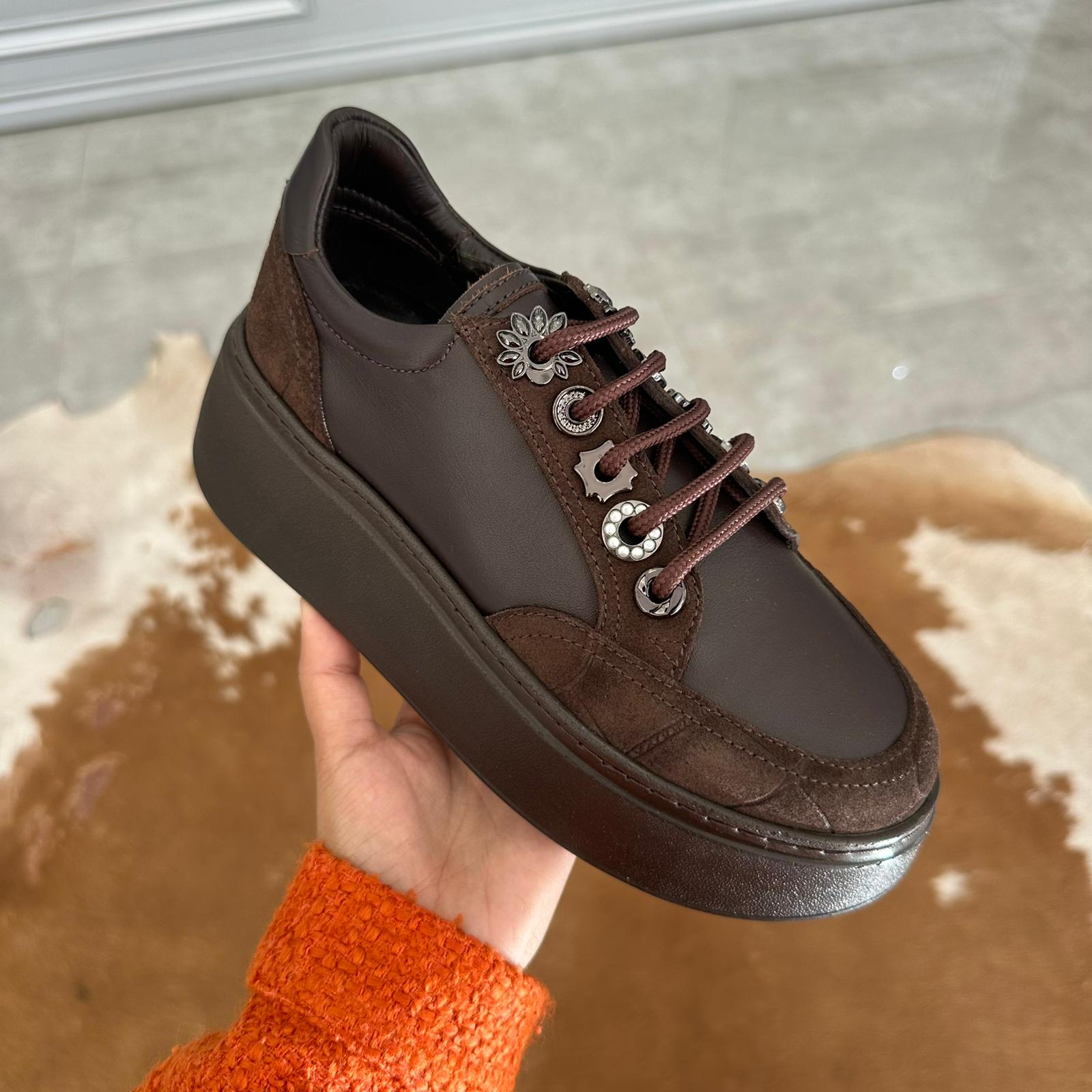 Hakiki Deri Aksesuar Bağcıklı Sneaker - Kahve