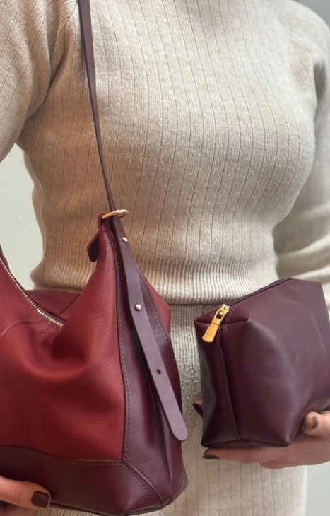 Mini Çantalı Hakiki Deri Çanta - Bordo