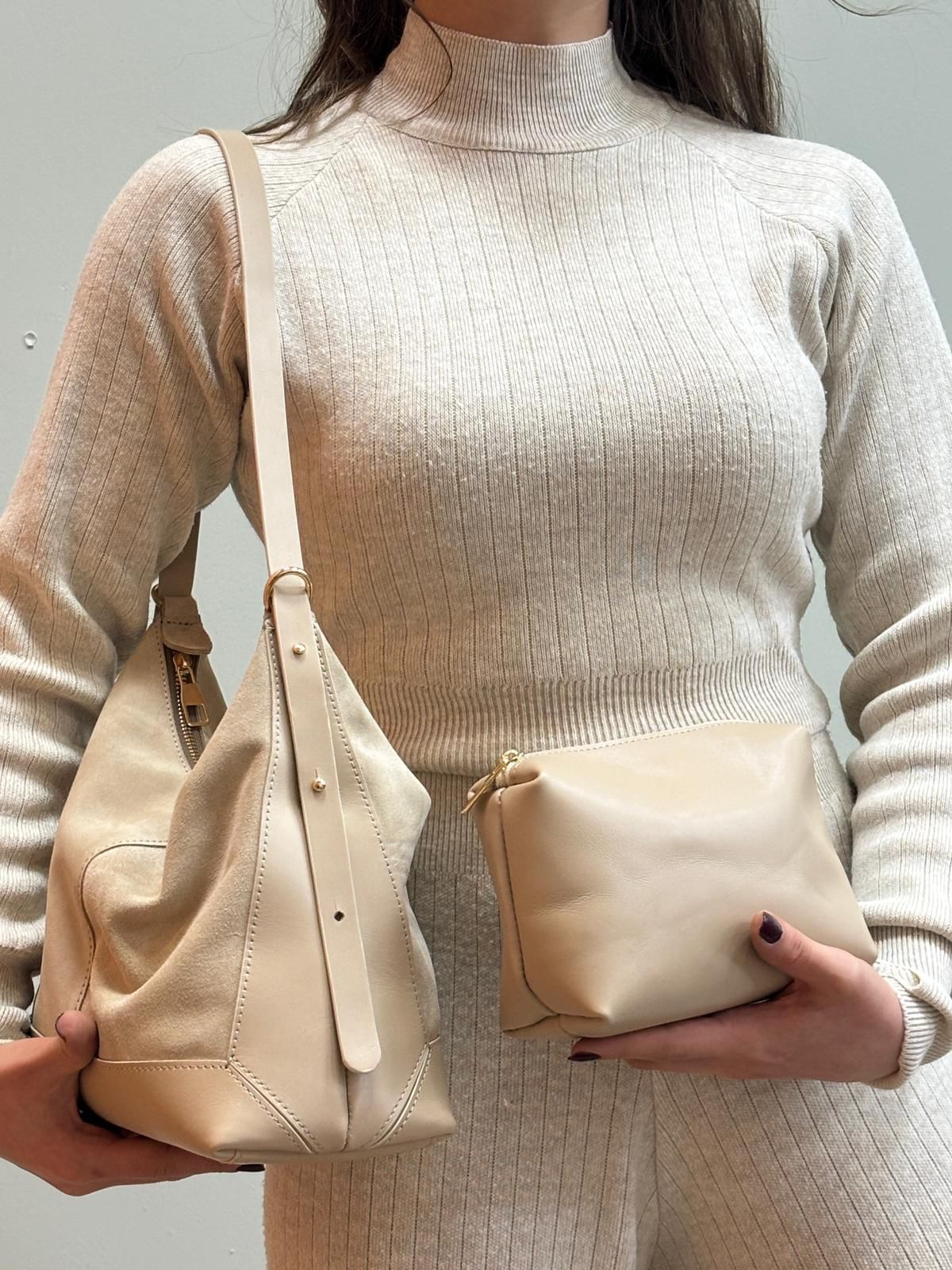 Mini Çantalı Hakiki Deri Çanta - Krem