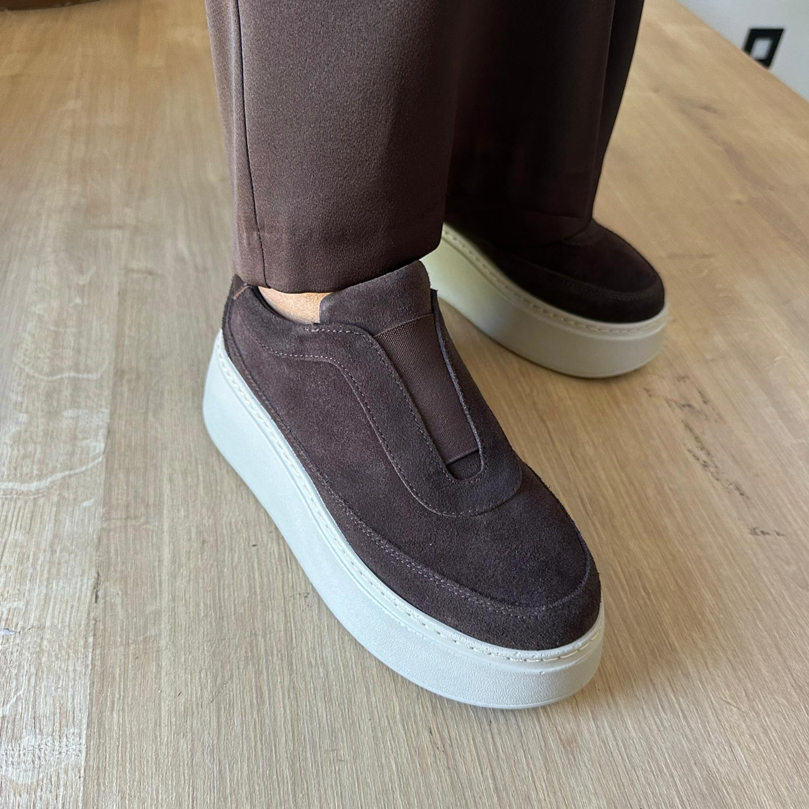 Hakiki Deri Önü Bant Detaylı Sneaker - Acı Kahve