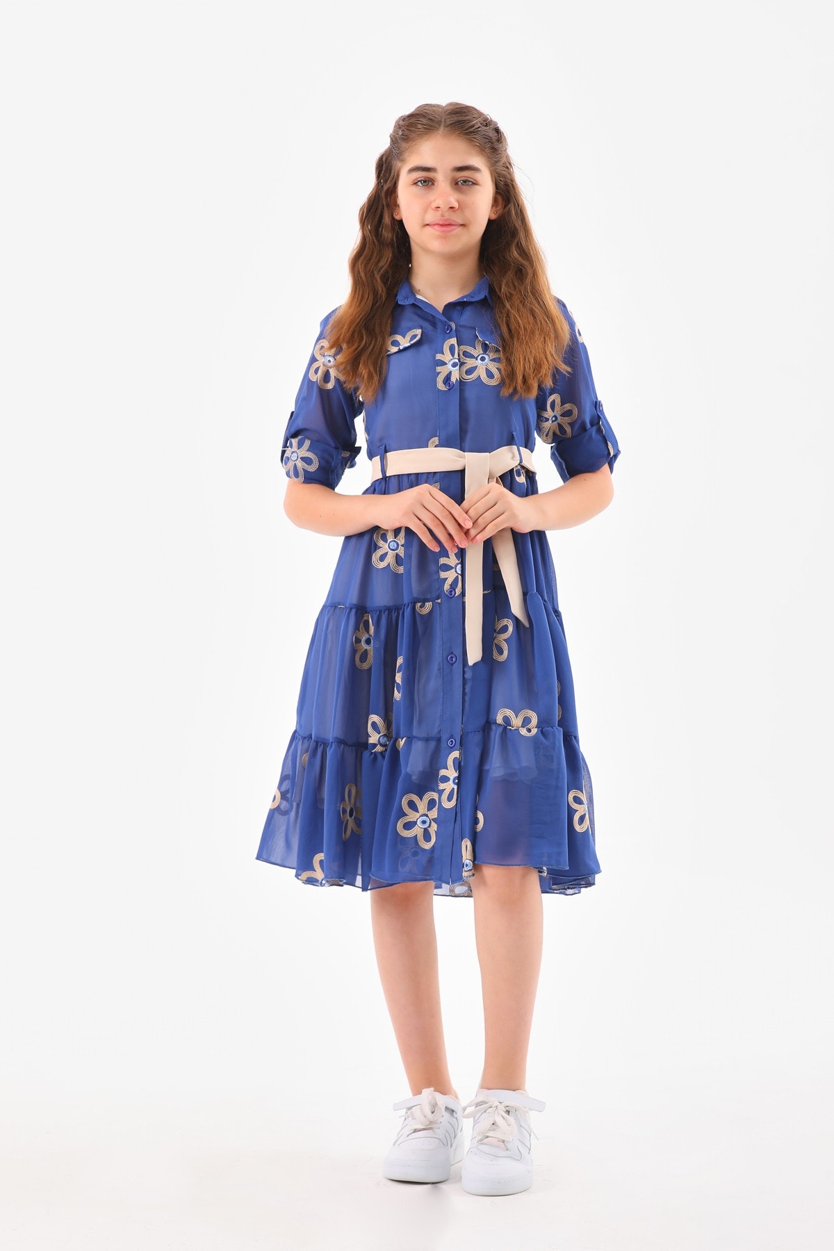 ÇİÇEK DESENLİ KIZ ÇOCUK ELBİSE - BLUE