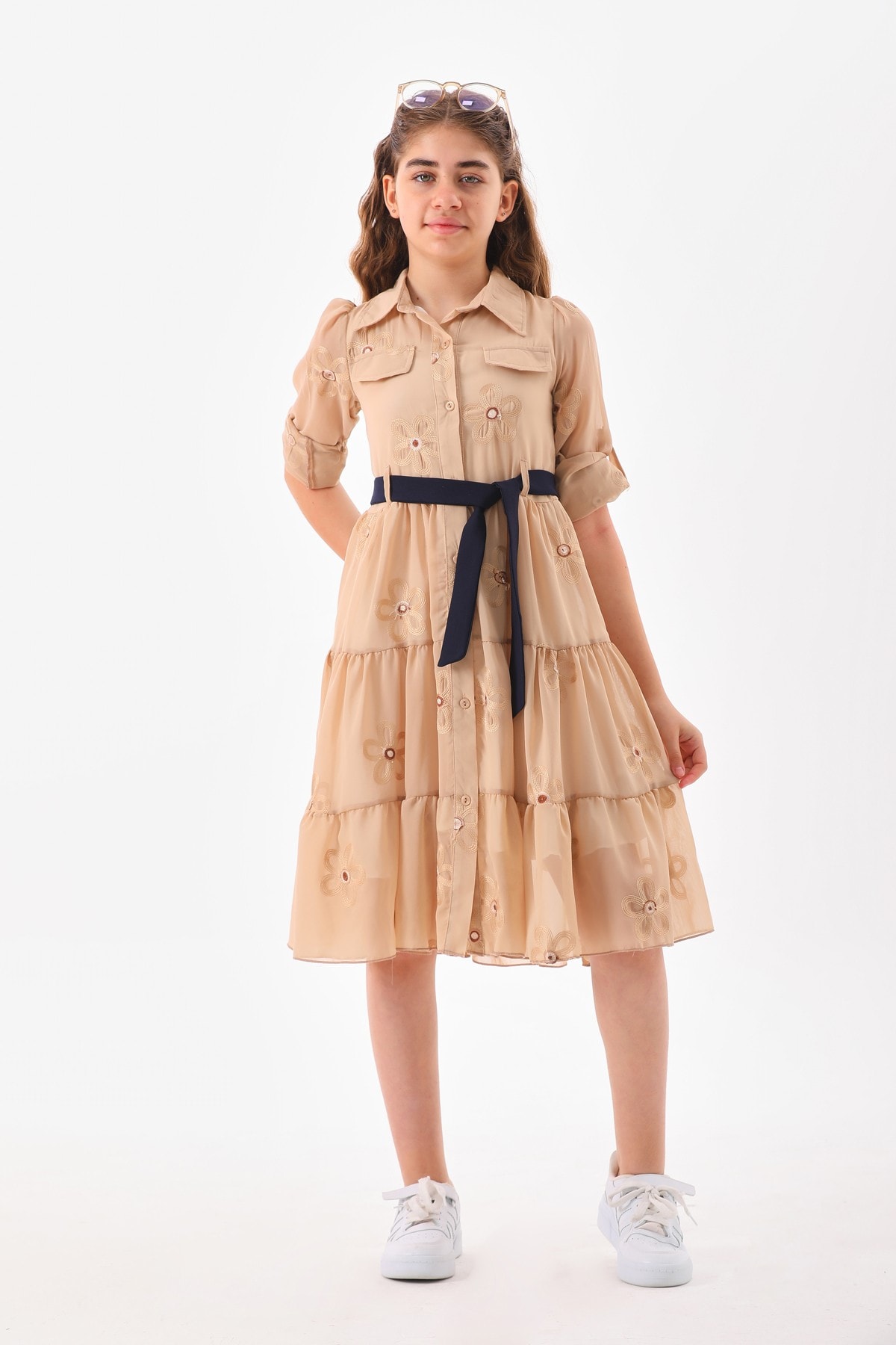 ÇİÇEK DESENLİ KIZ ÇOCUK ELBİSE - BEIGE