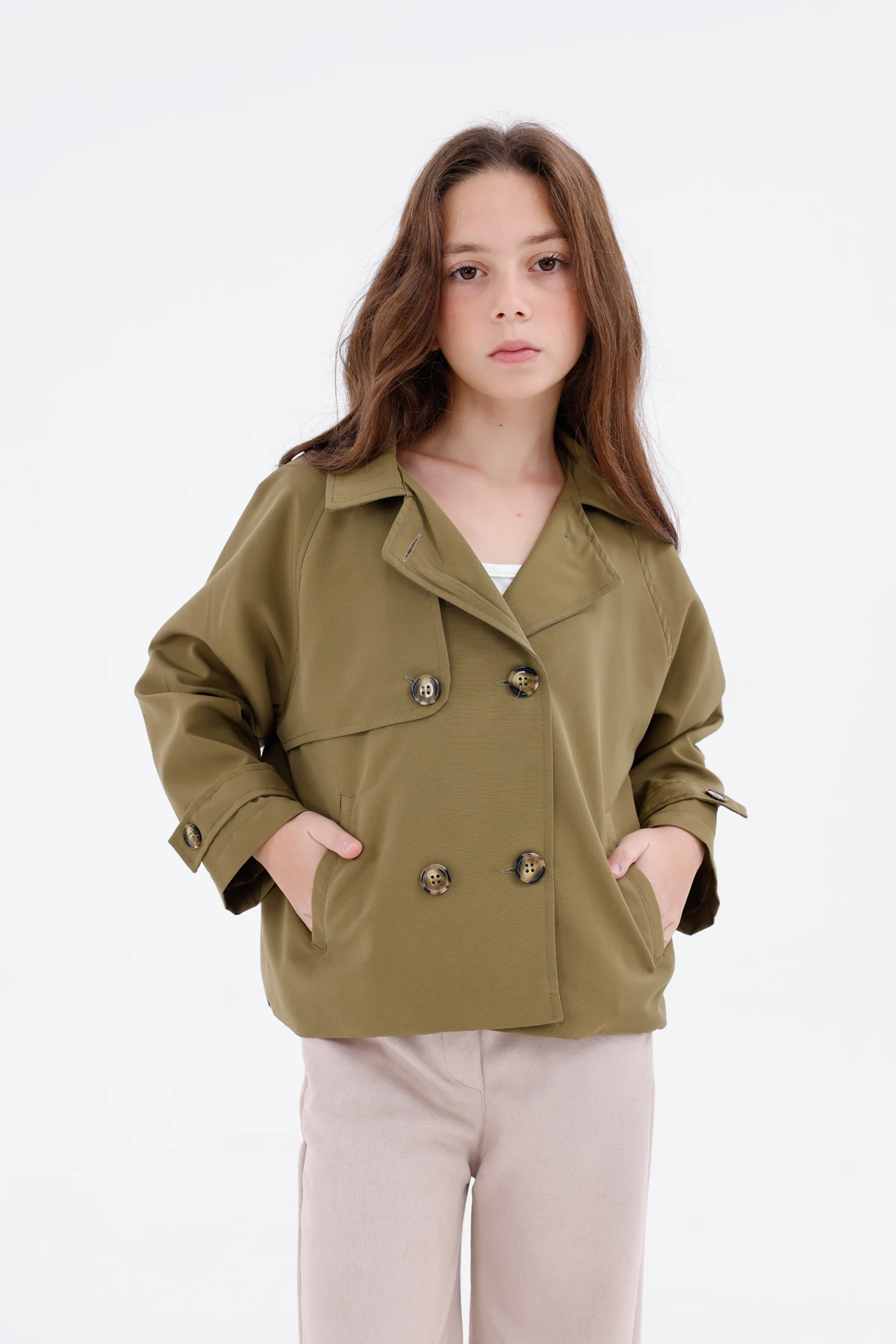 Kız Çocuk Düğme ve Sırt Tasarım Detaylı Kısa Trençkot - YEŞİL