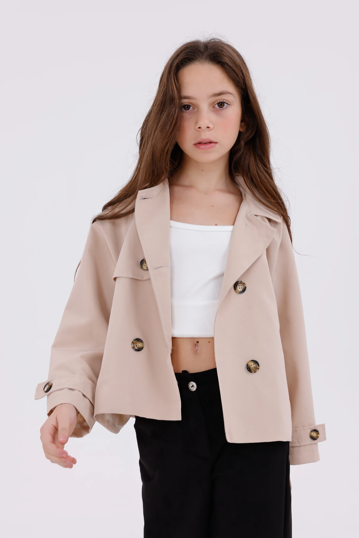 Kız Çocuk Düğme ve Sırt Tasarım Detaylı Kısa Trençkot