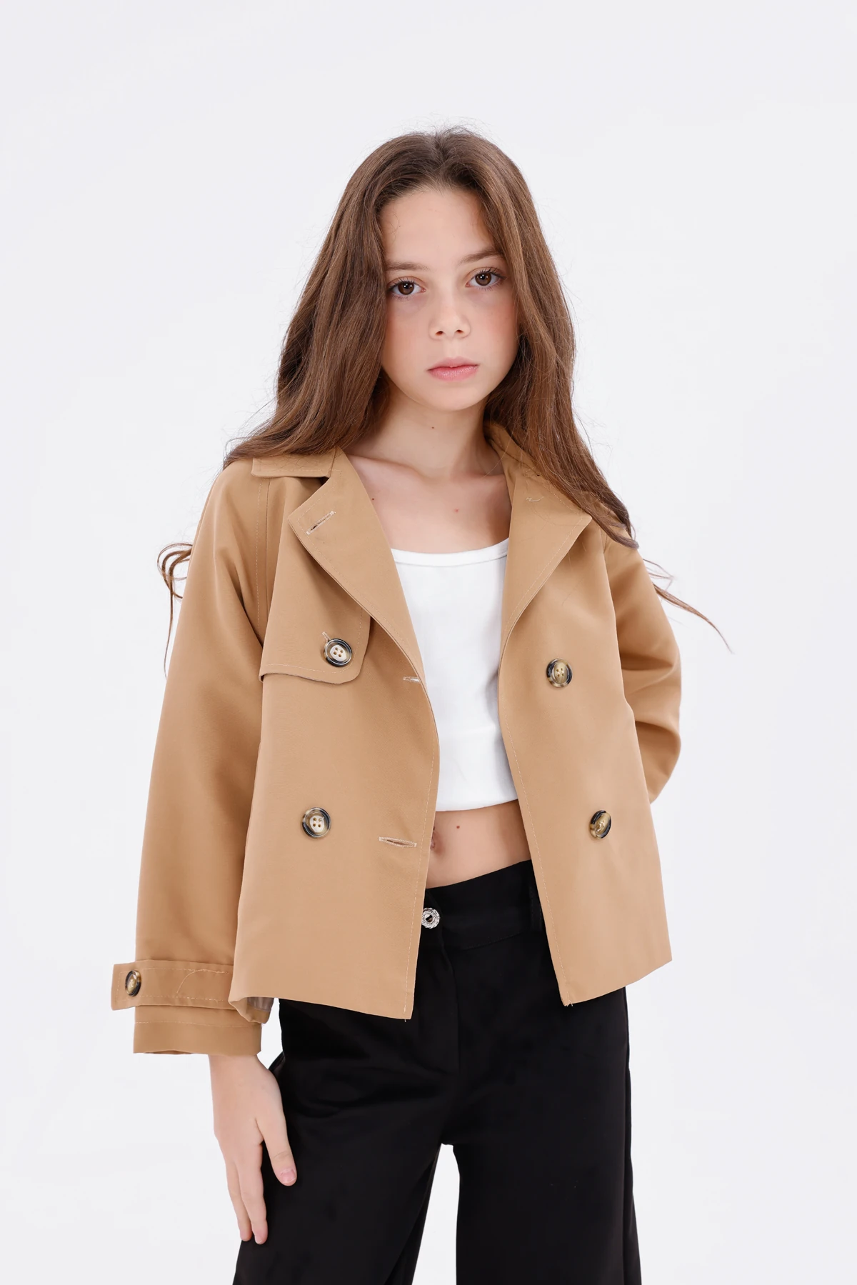 Kız Çocuk Düğme ve Sırt Tasarım Detaylı Kısa Trençkot - VİZON