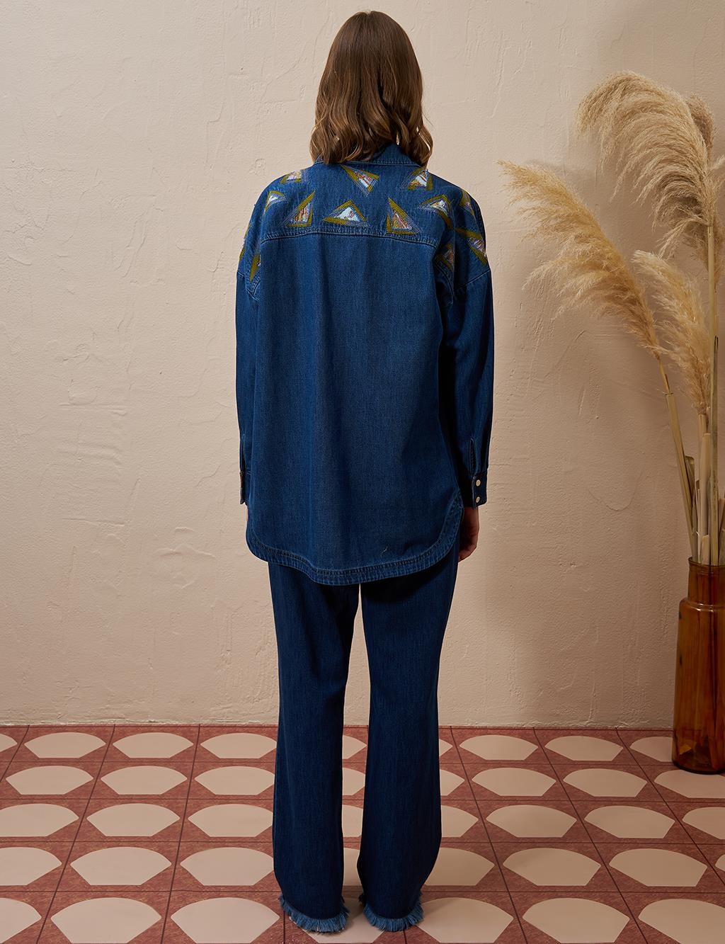 Kayra - Üçgen Desenli Denim Ceket