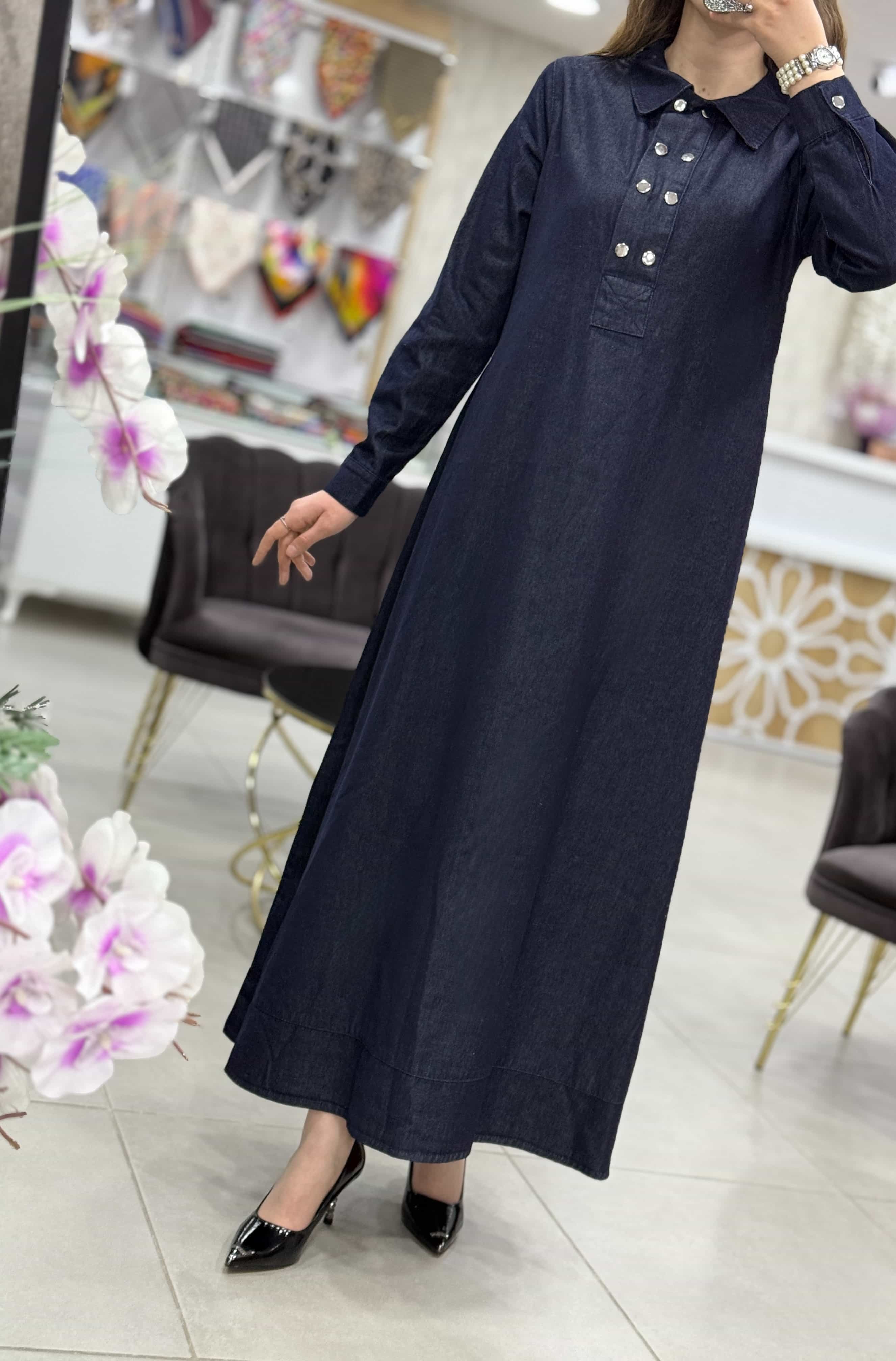 Çıtçıt Detaylı Denim Kot Elbise - Koyu Mavi