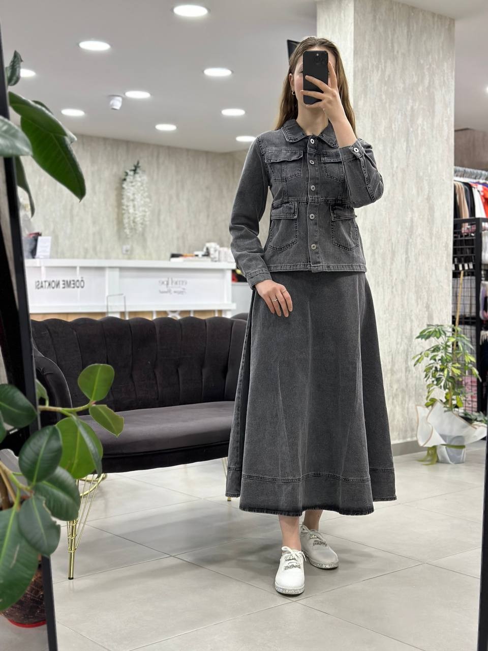 Magazin - Denim İkili Etekli Kot Takım - Antrasit
