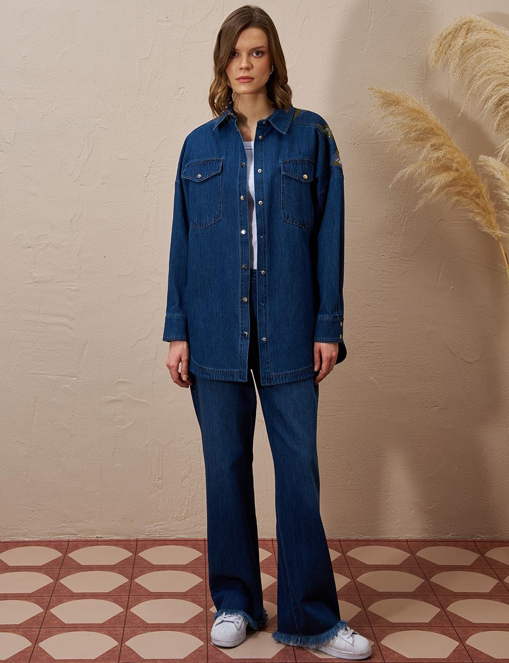 Kayra - Üçgen Desenli Denim Ceket
