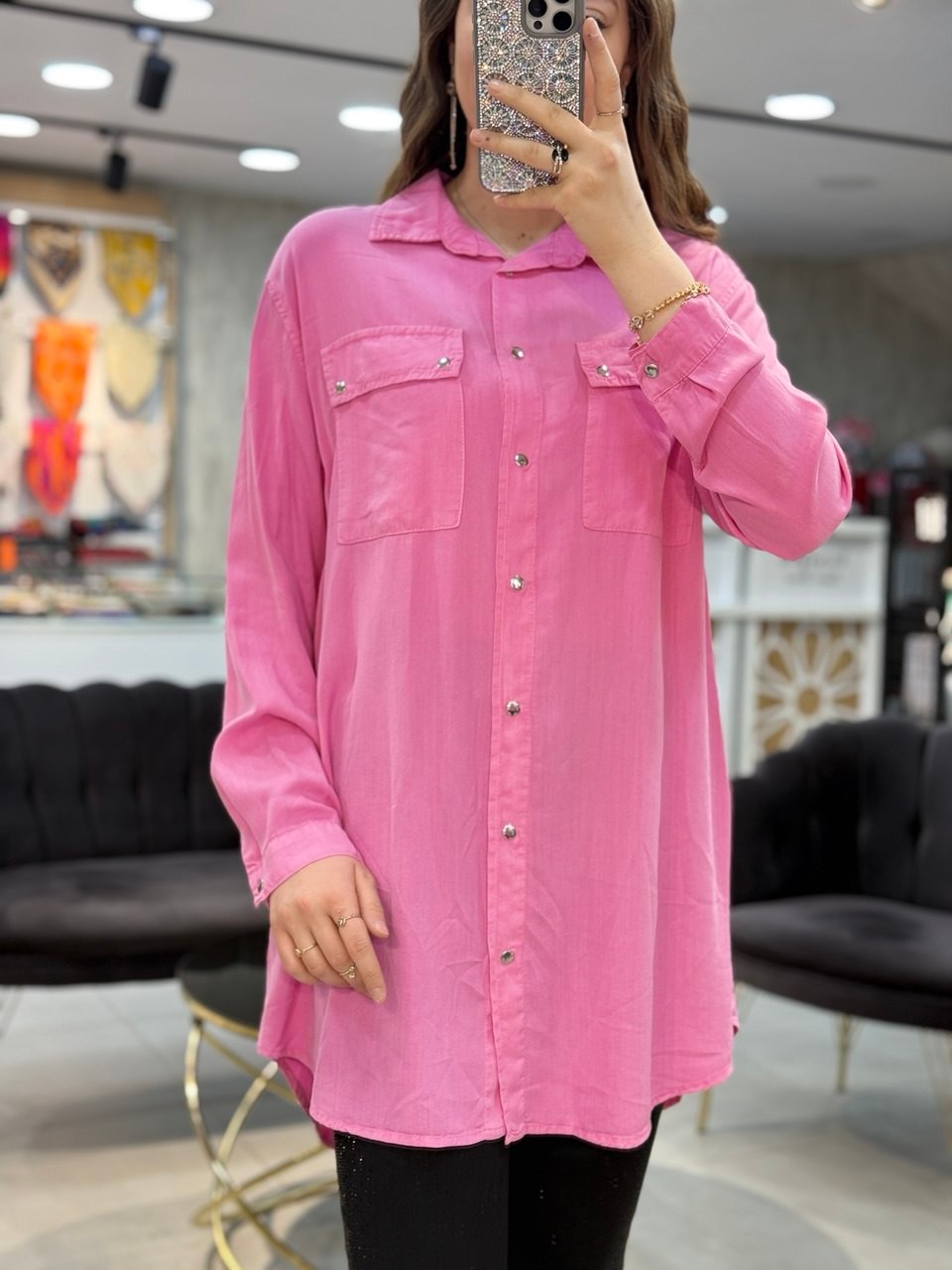 Omzu Yıldız Apoletli Tensel Tunik Gömlek - Pembe