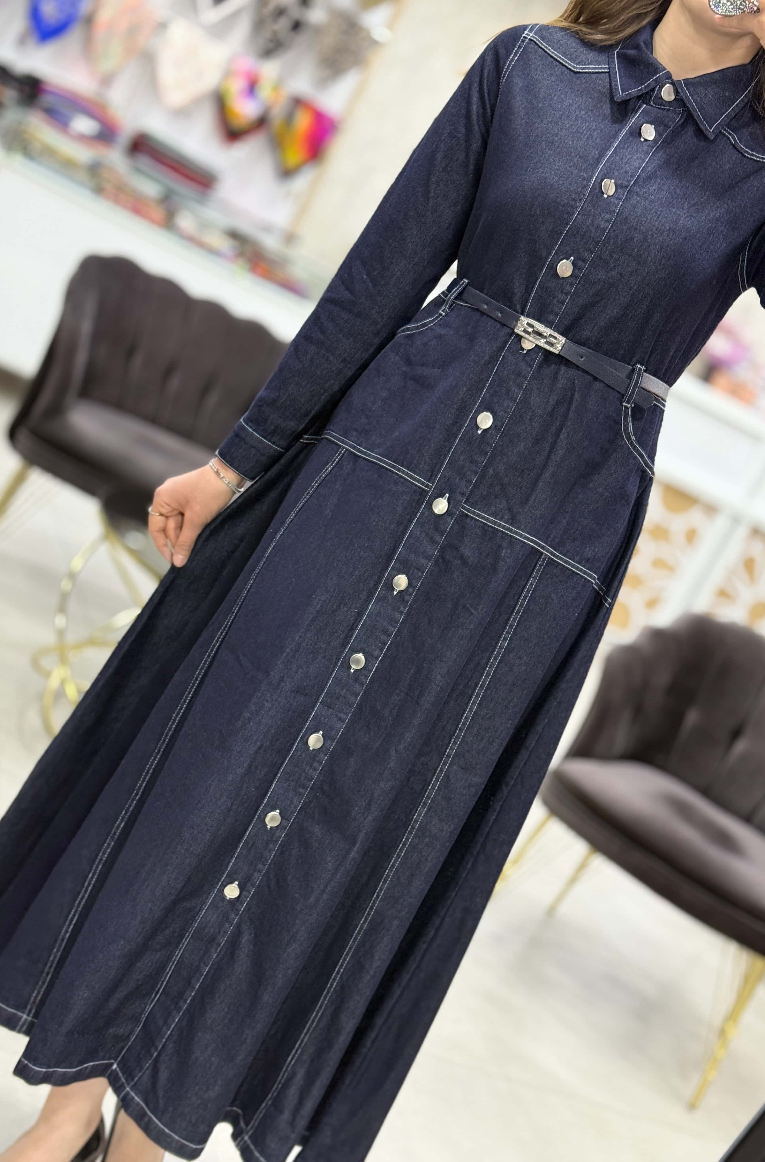 Kemer Aksesuarlı Denim Kot Elbise - Koyu Mavi