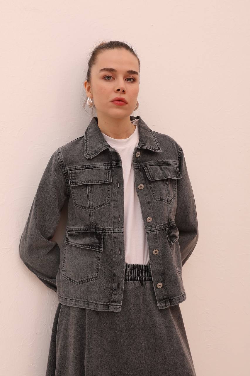 Magazin - Denim İkili Etekli Kot Takım - Antrasit