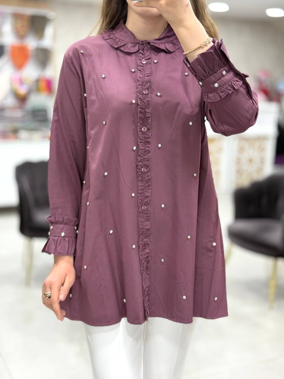 Taşlı Pamuk Saten Tunik