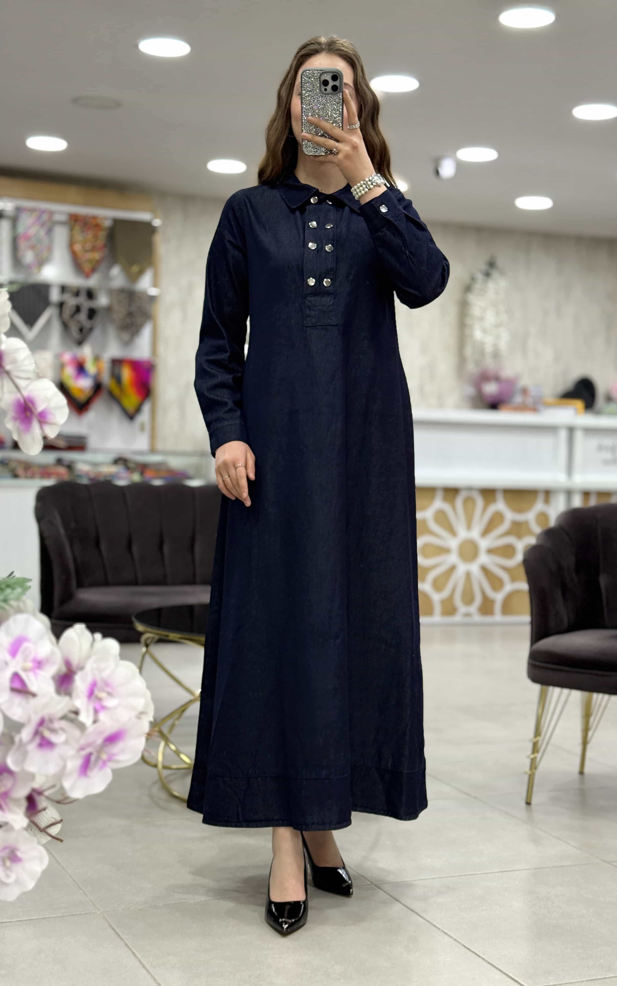 Çıtçıt Detaylı Denim Kot Elbise - Koyu Mavi