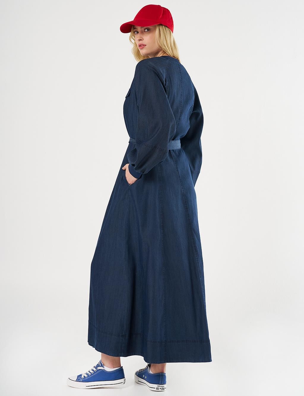 Kayra - Kapak Cepli Denim Elbise