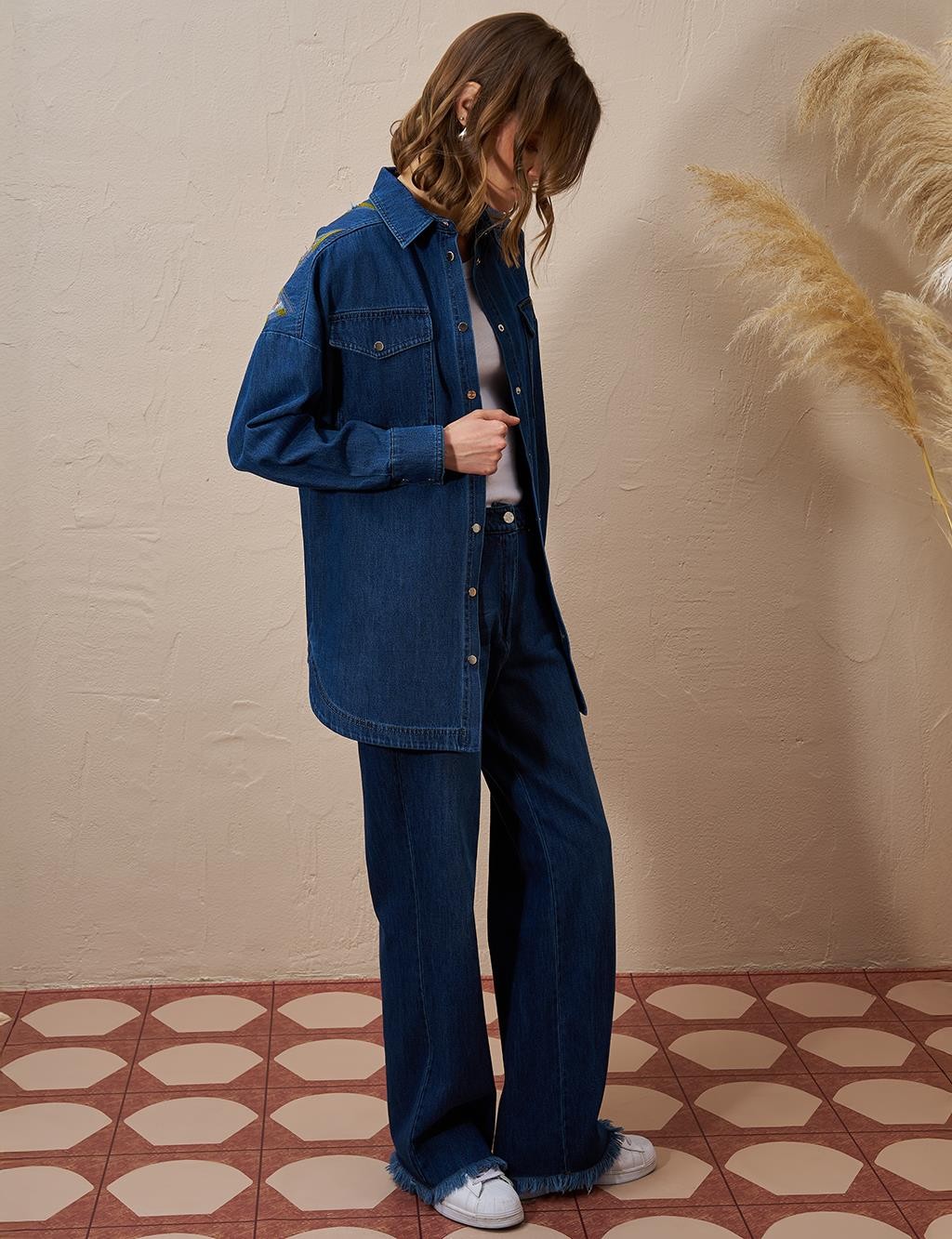 Kayra - Üçgen Desenli Denim Ceket