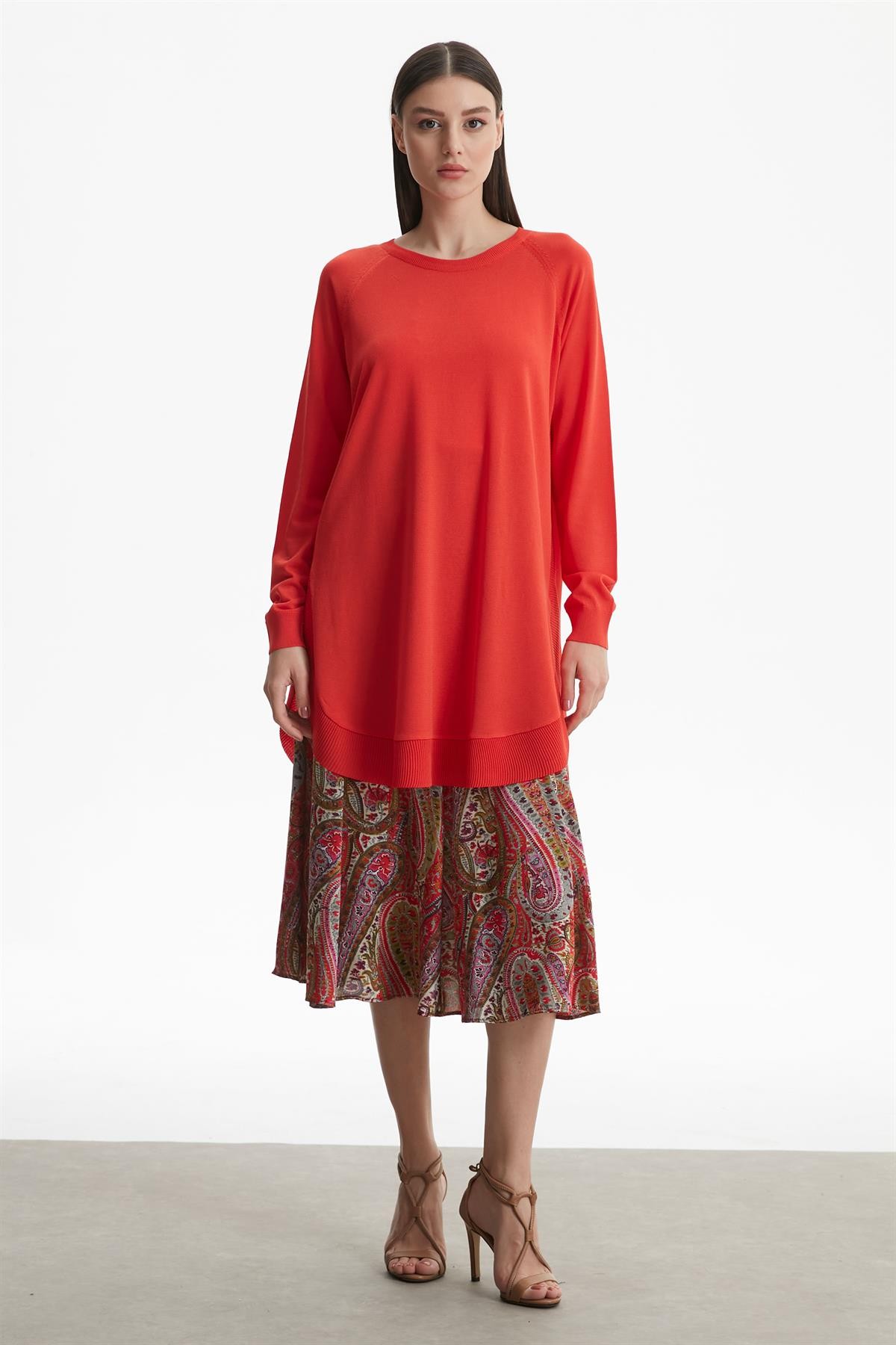 Tığ Triko - Yanları Ovel Rayon Tunik - Coral