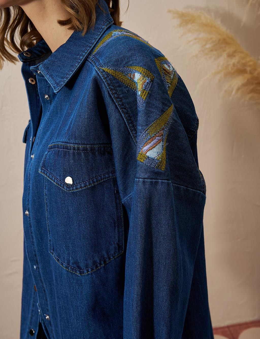 Kayra - Üçgen Desenli Denim Ceket