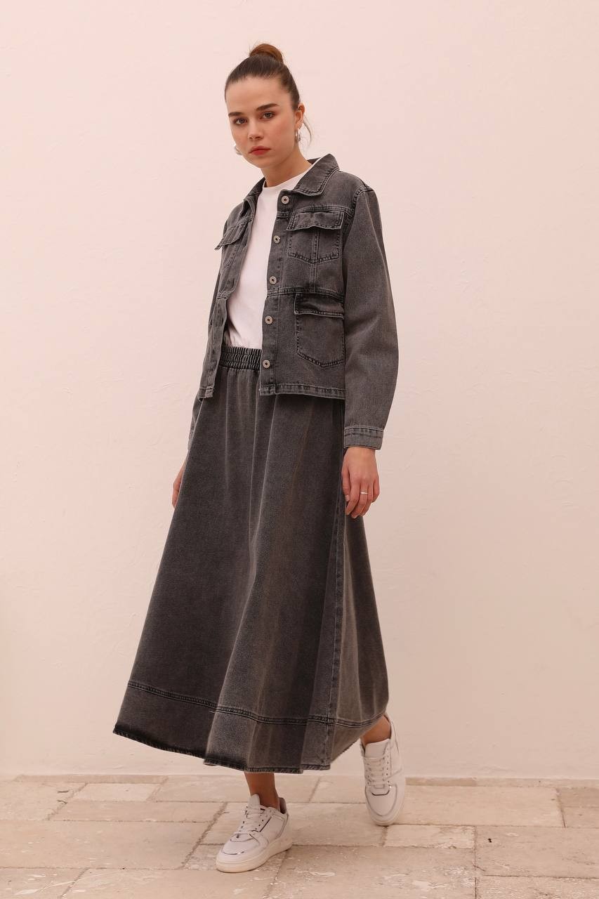 Magazin - Denim İkili Etekli Kot Takım - Antrasit