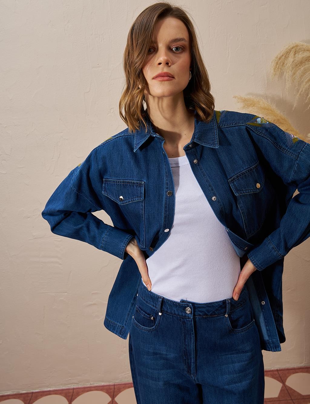 Kayra - Üçgen Desenli Denim Ceket