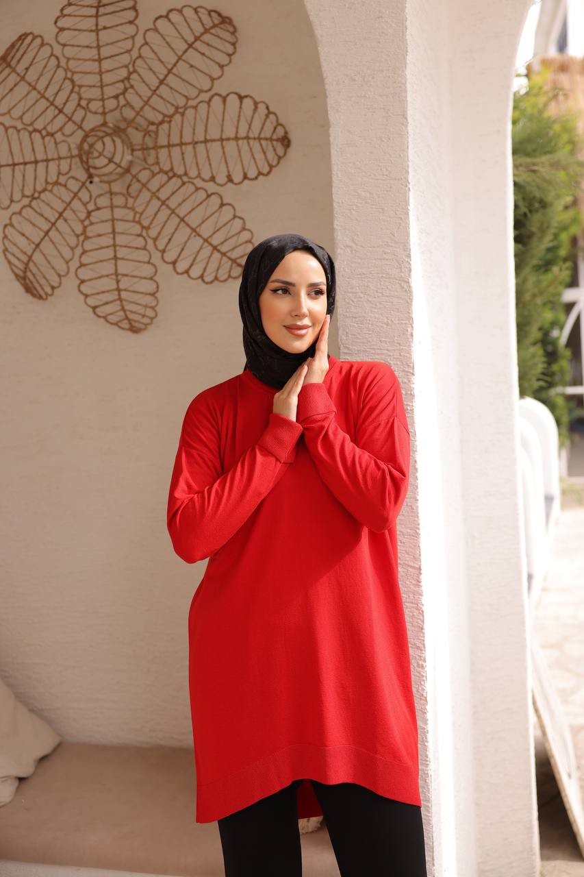 Soğuk Tuşe Orversize Bisiklet Yaka Tunik - Kırmızı