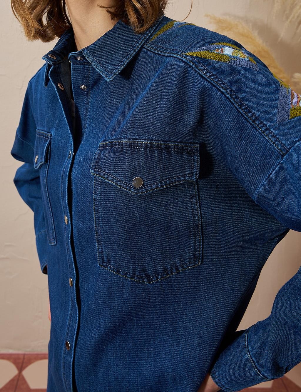 Kayra - Üçgen Desenli Denim Ceket