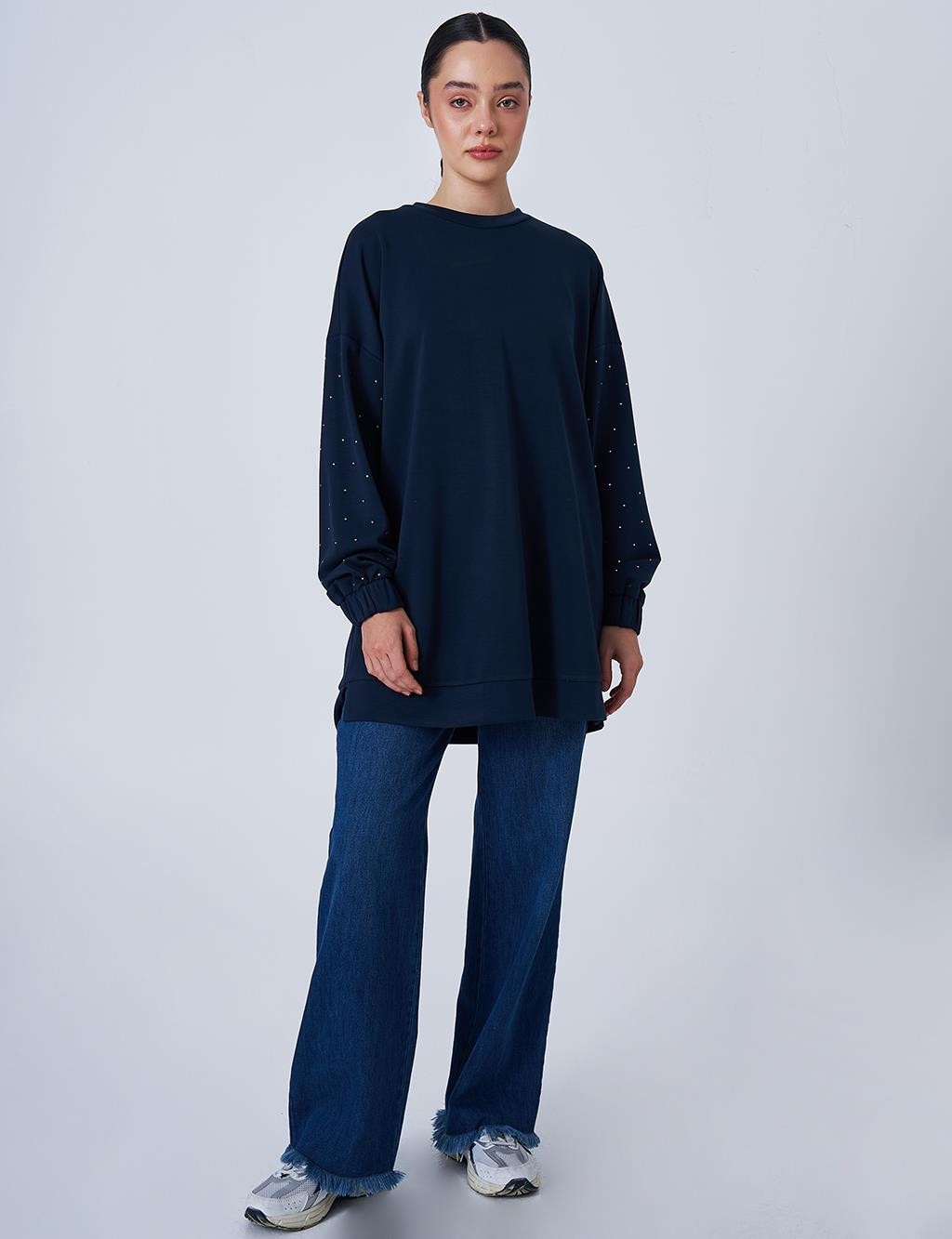 Kayra - Hotfix Baskılı Scuba Sweatshirt - Koyu Lacivert