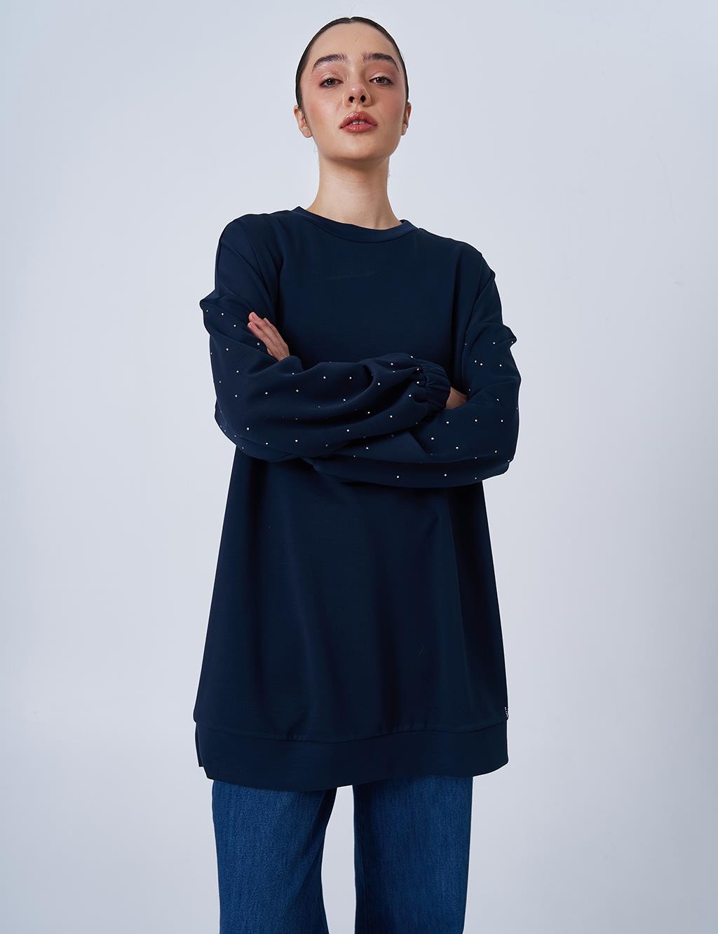 Kayra - Hotfix Baskılı Scuba Sweatshirt - Koyu Lacivert