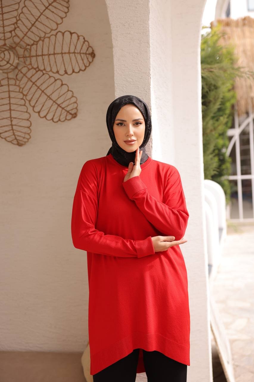 Soğuk Tuşe Orversize Bisiklet Yaka Tunik - Kırmızı