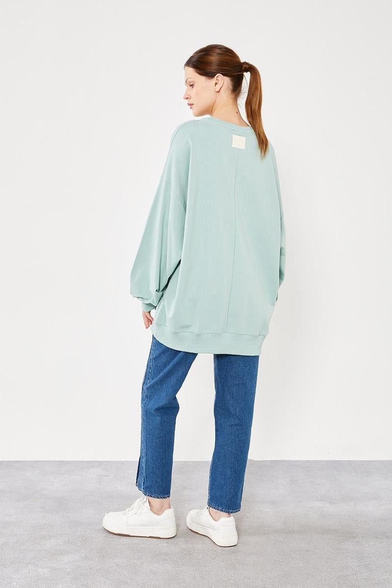 Levidor - Siyah Bisiklet Yaka Oversize Sweat - Mint Yeşili