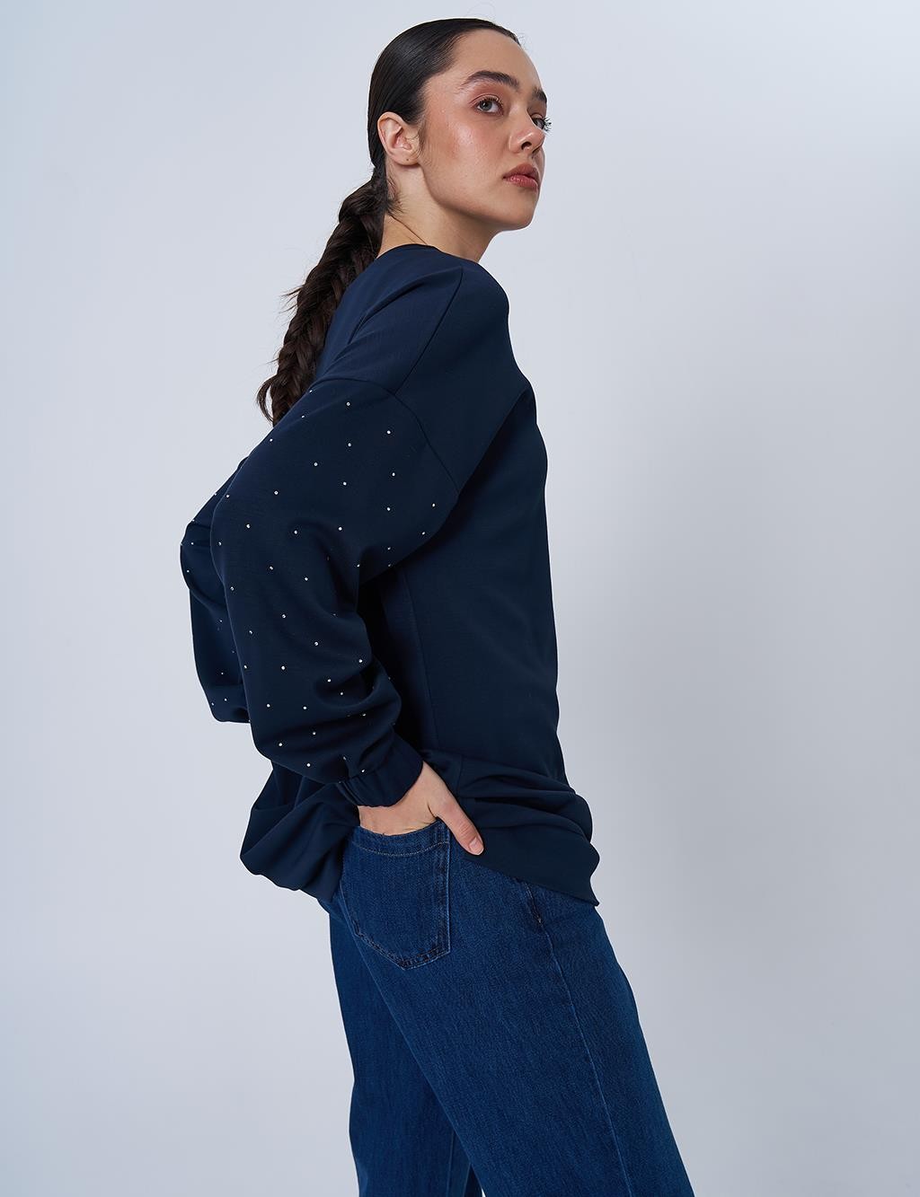 Kayra - Hotfix Baskılı Scuba Sweatshirt - Koyu Lacivert