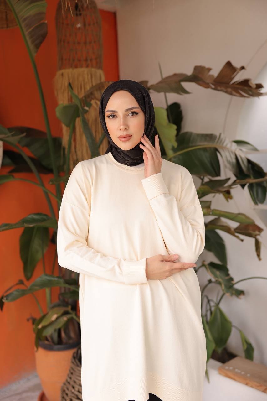 Soğuk Tuşe Orversize Bisiklet Yaka Tunik - Vanilya