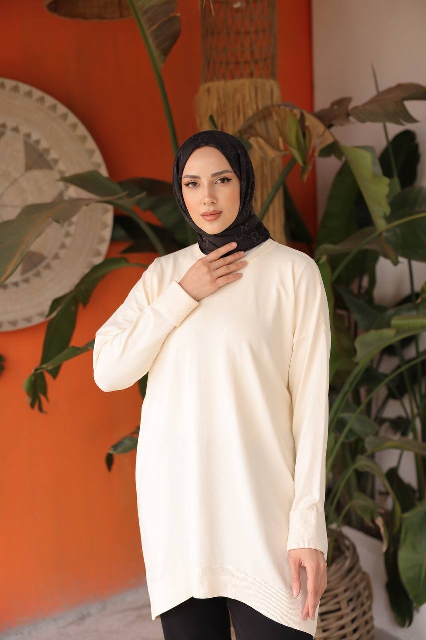 Soğuk Tuşe Orversize Bisiklet Yaka Tunik - Vanilya