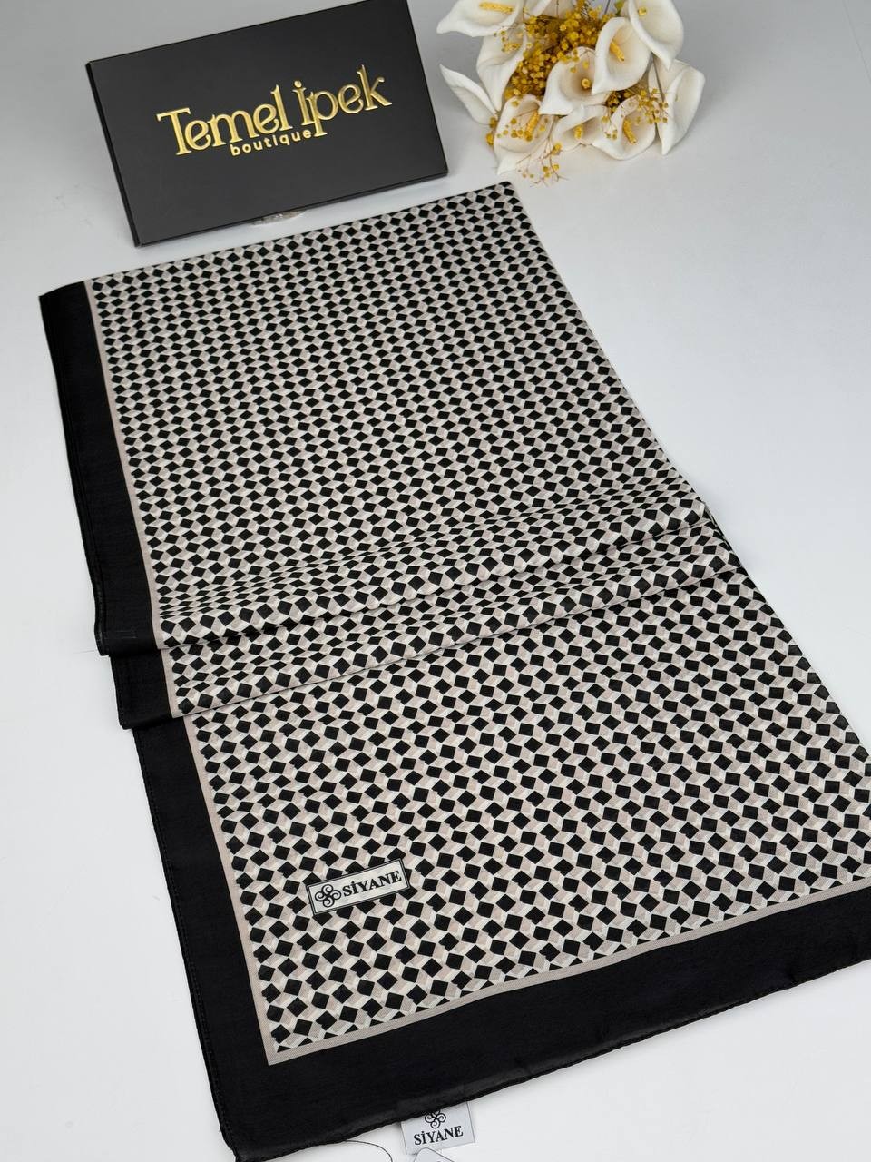 Desenli Pamuklu Kumaş Şal 75x190 cm - Siyah-Taş