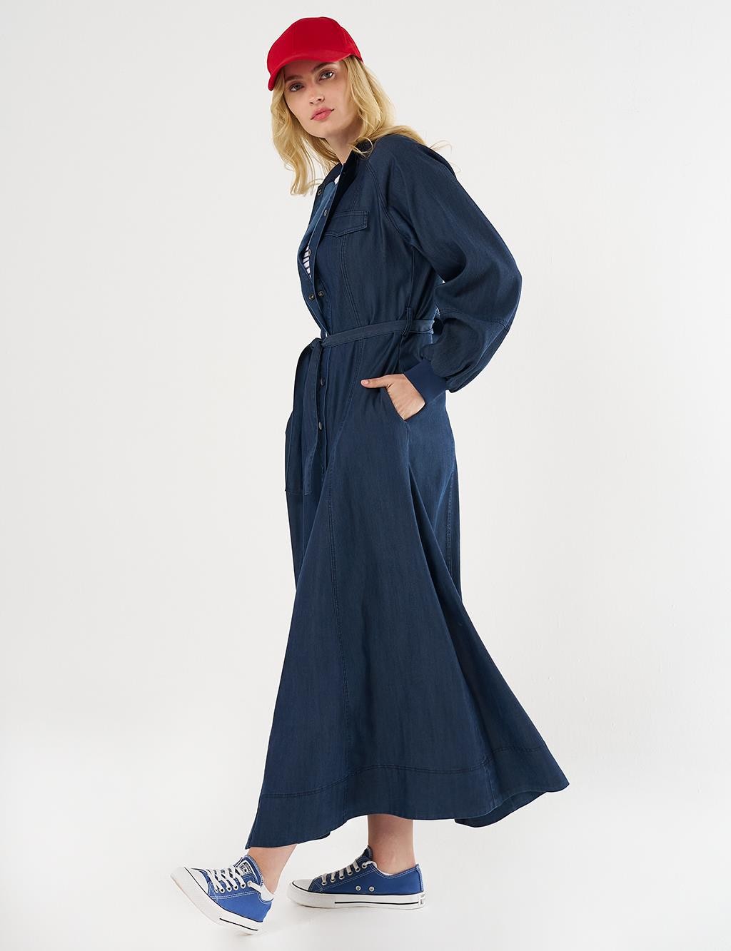 Kayra - Kapak Cepli Denim Elbise
