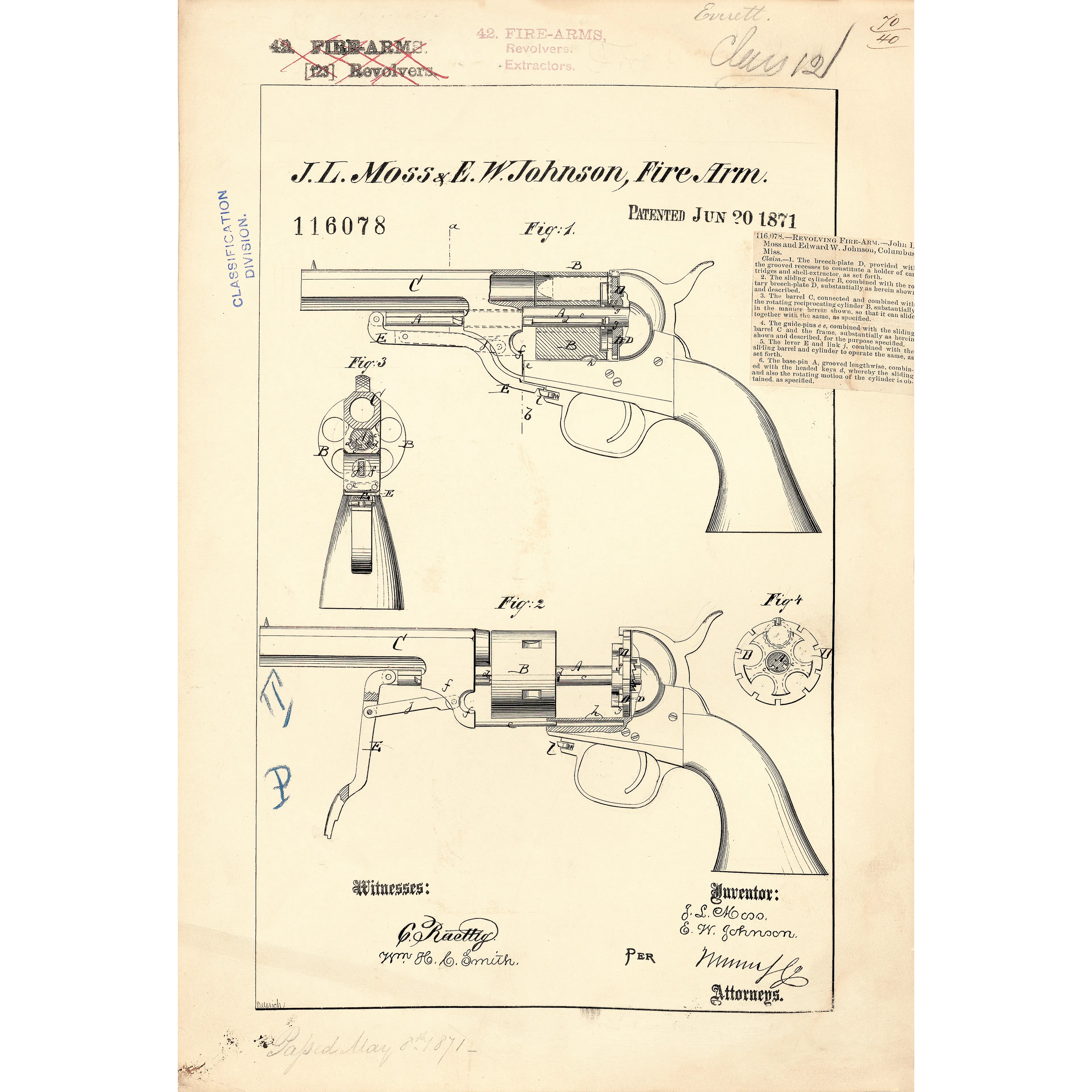 J. L. Moss & E. W. Johnson Revolver Tabanca Patenti