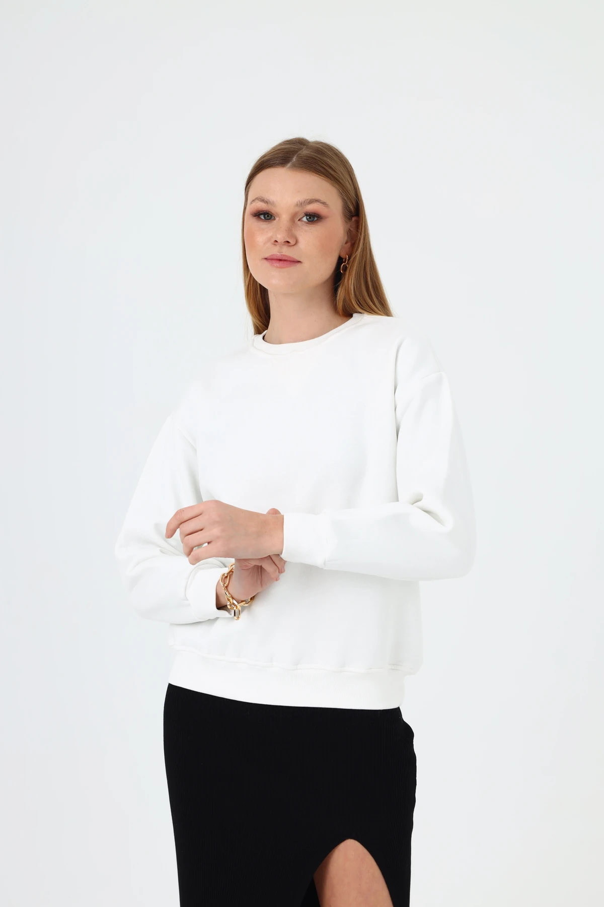Kadın Basic Bisiklet Yaka 3 İplik Sweatshirt