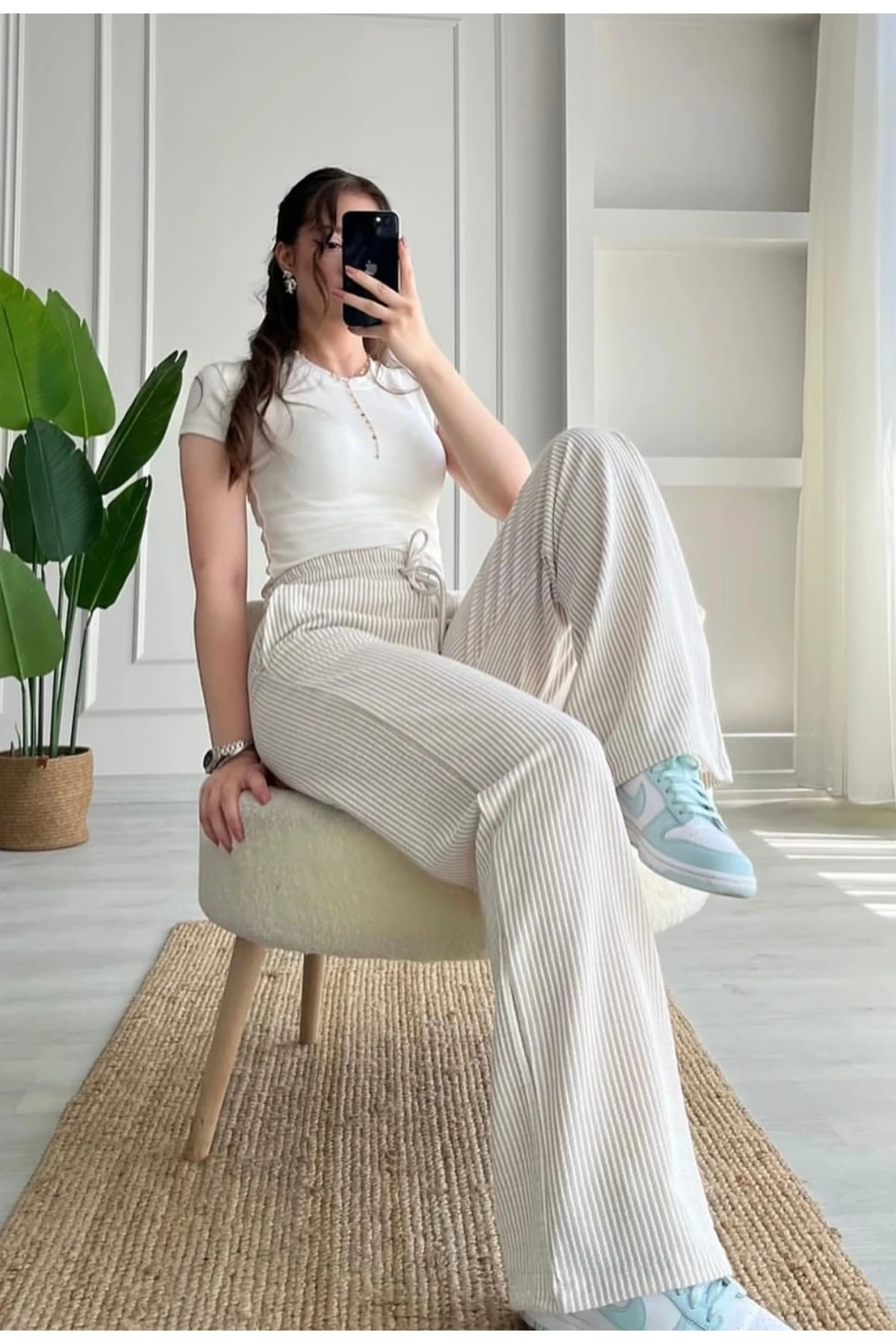 Kadın Su Yolu Bol Kesim Çizgili Pantolon