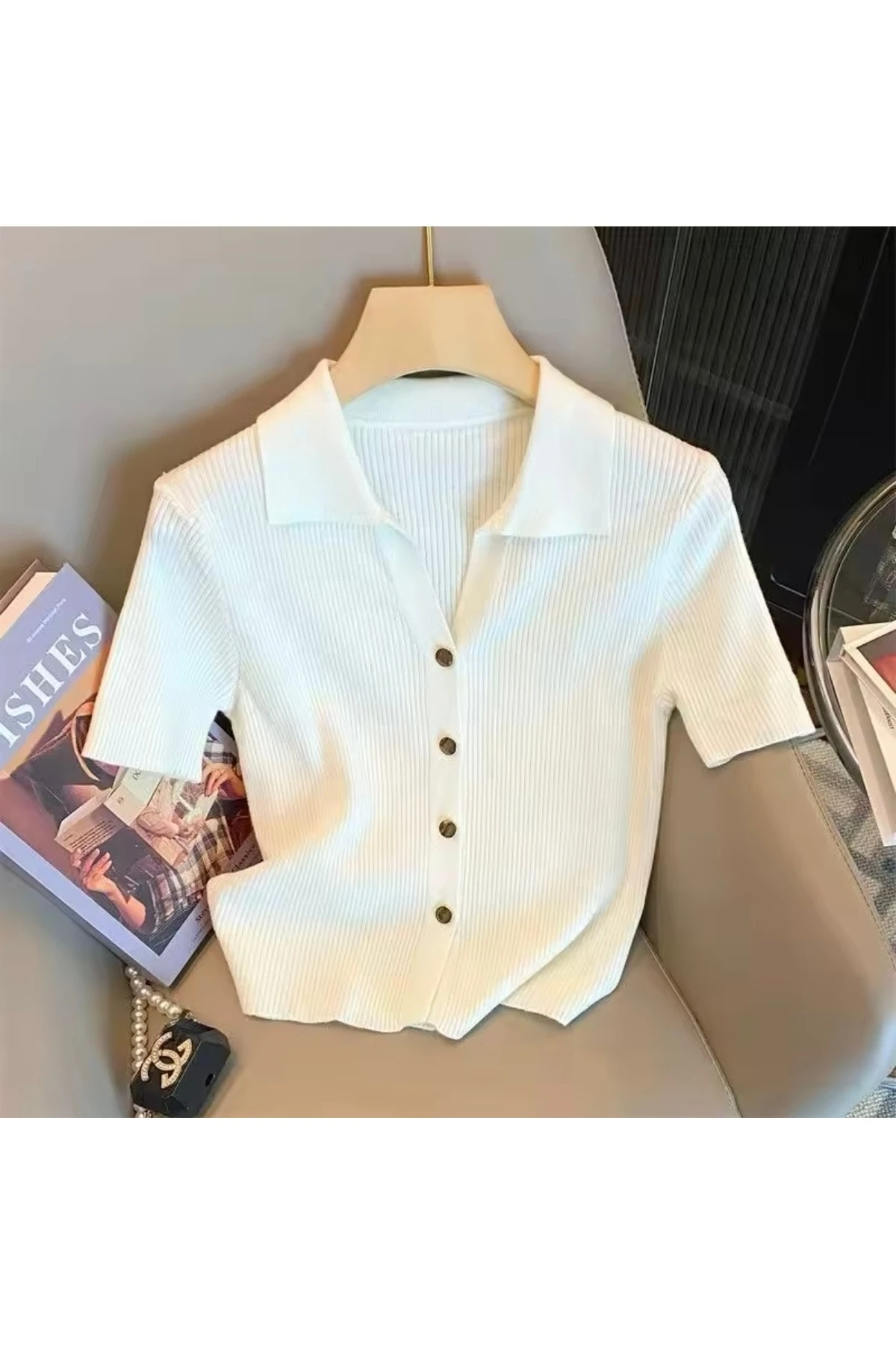 Polo Yaka Gold Metal Düğmeli Basic Triko Kadın T-Shirt