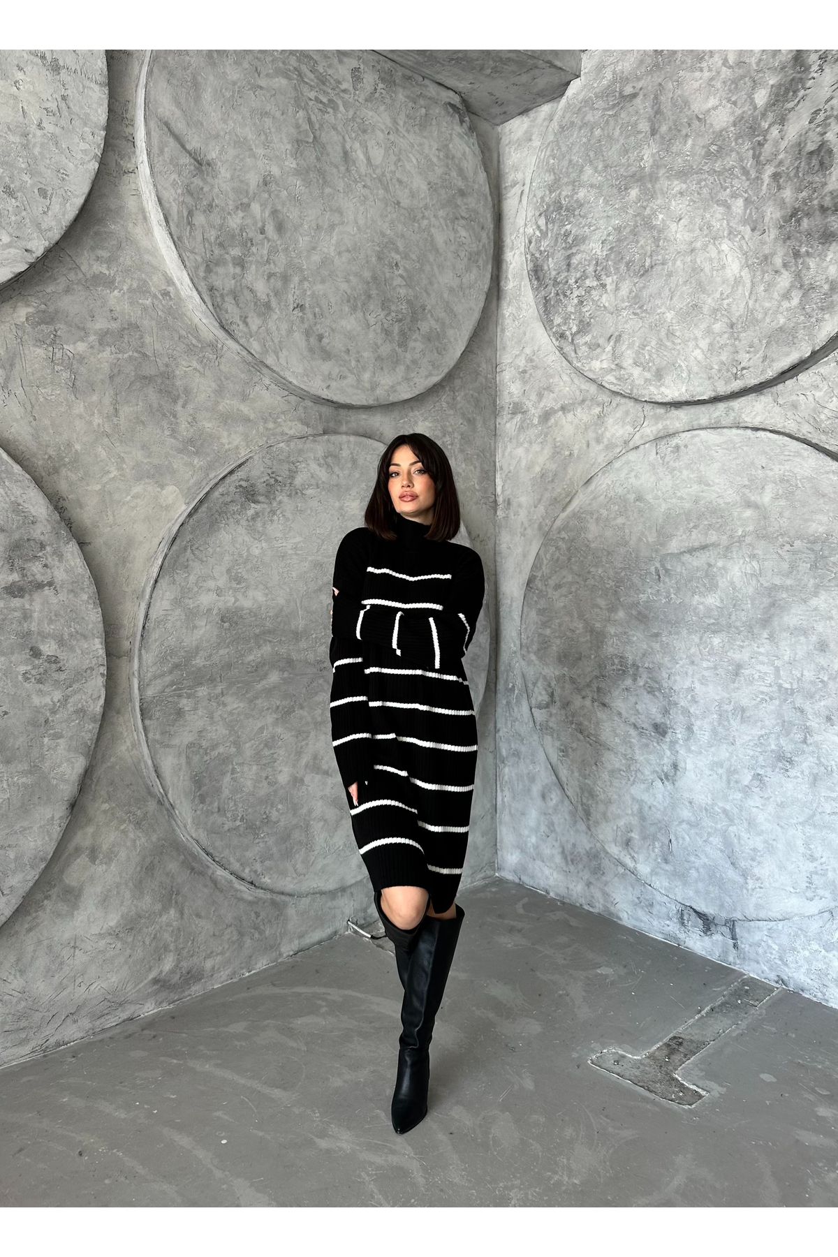 Kadın Çizgili Uzun Triko Elbise