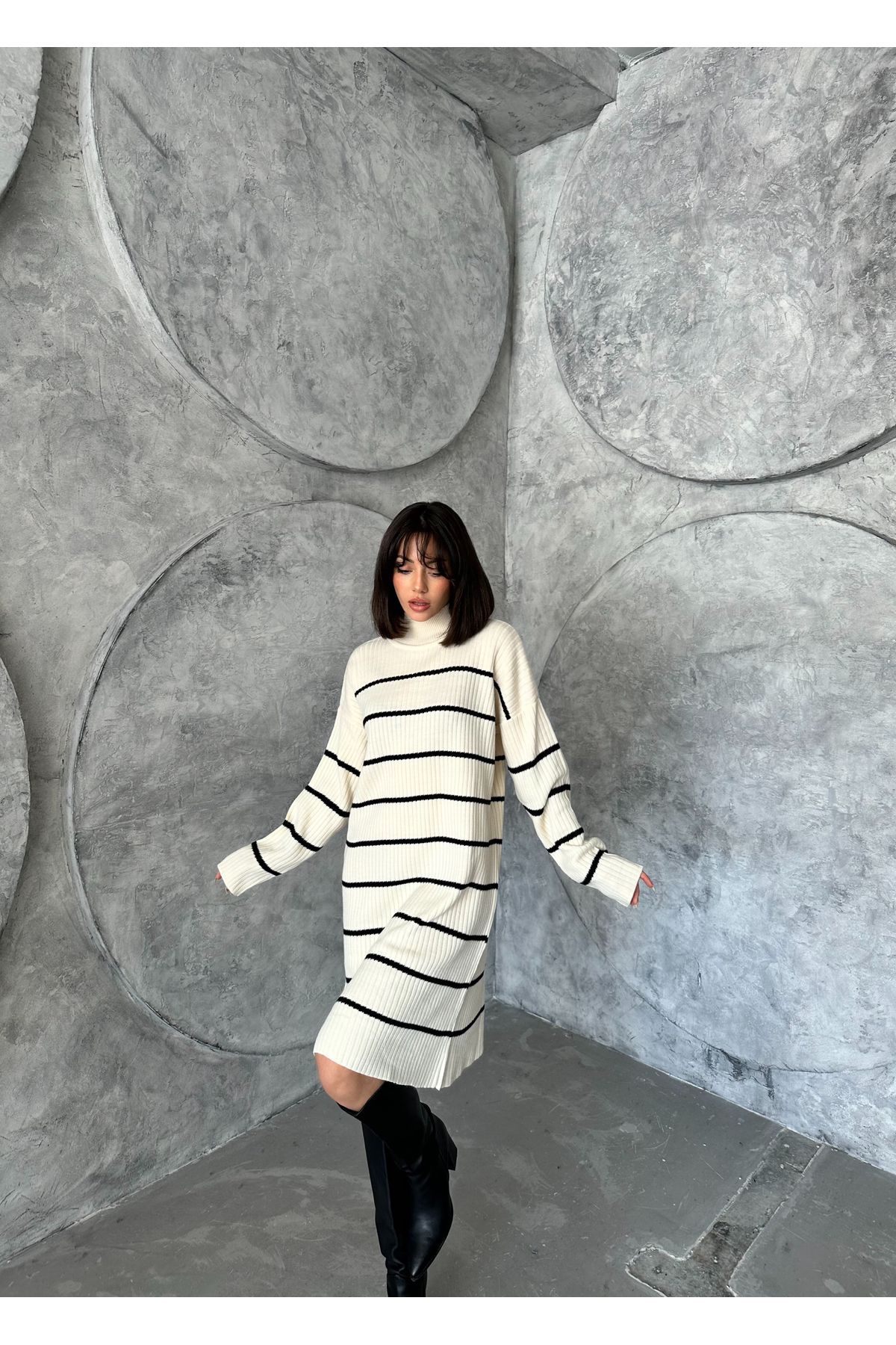 Kadın Çizgili Uzun Triko Elbise