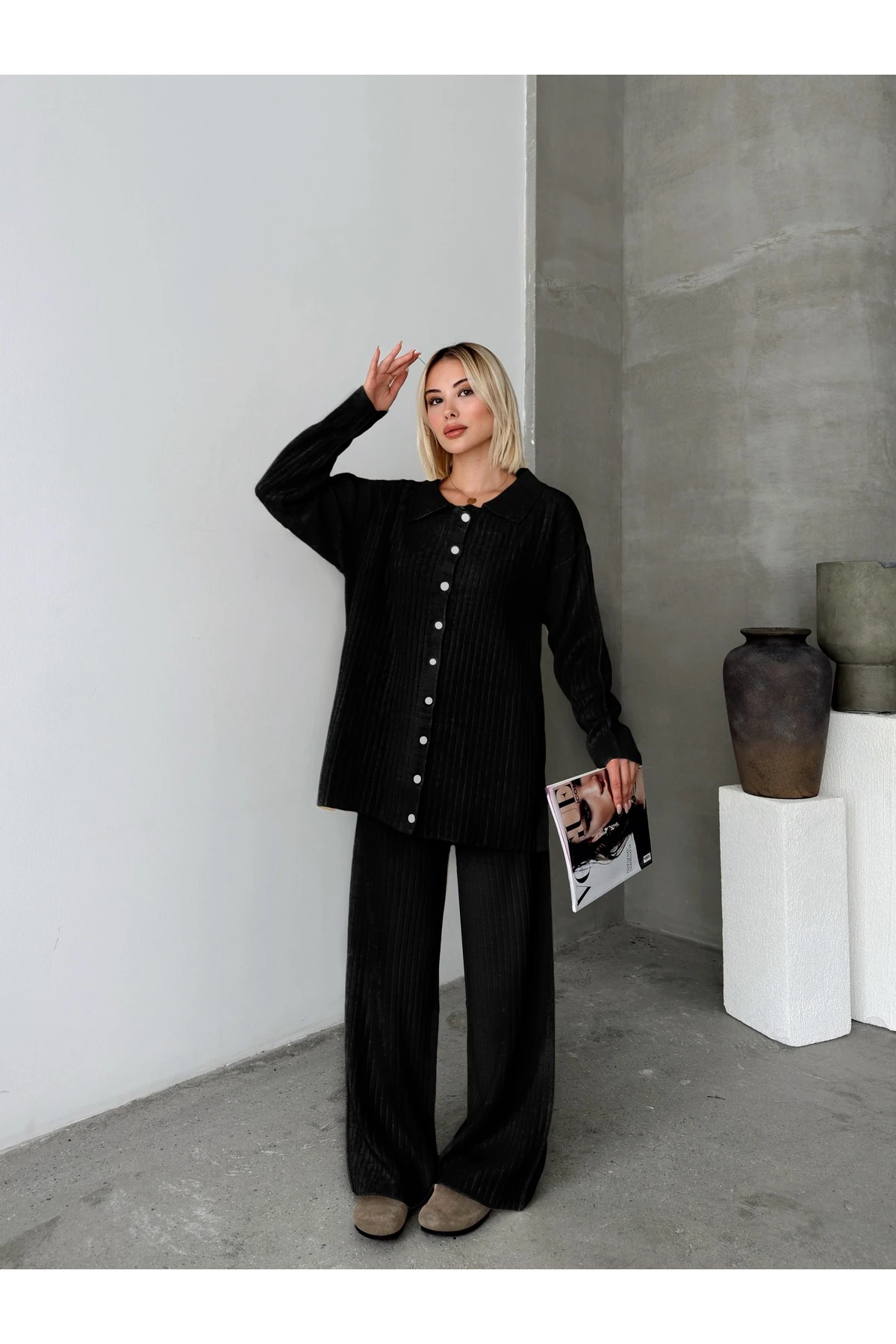 Kadın Triko Kazak Pantolon Metal Düğmeli Takım