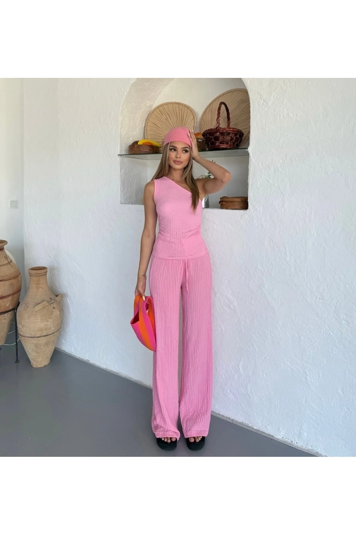 Kadın Gofre Kumaş Tek Kol Bluz Pantolon Takım