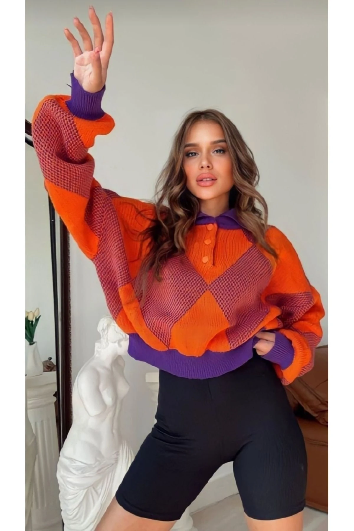 Kadın OVERSİZE MOR Turuncu Kazak