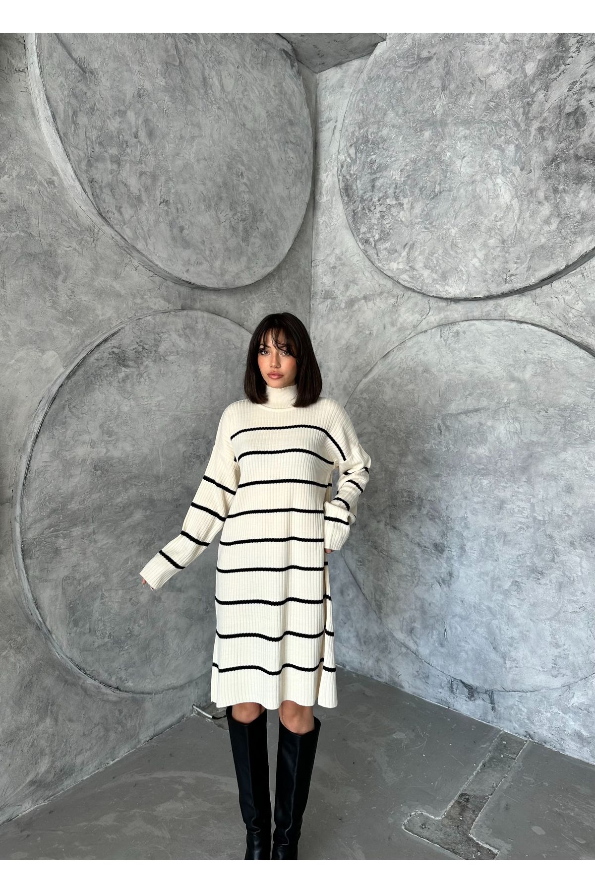 Kadın Çizgili Uzun Triko Elbise