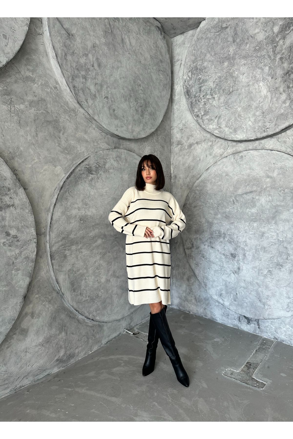 Kadın Çizgili Uzun Triko Elbise