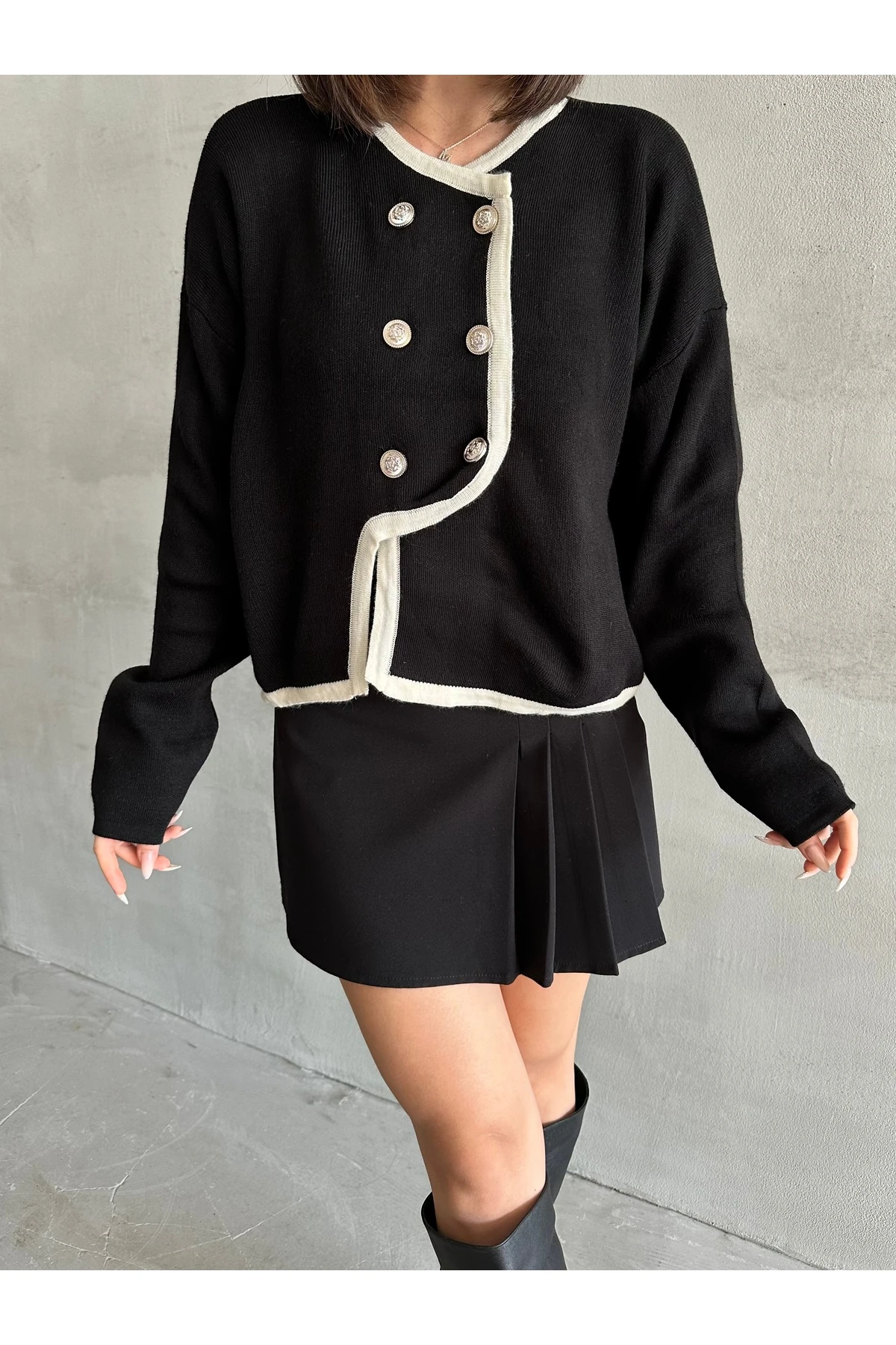 Kadın Zikzak Düğmeli Triko Hırka