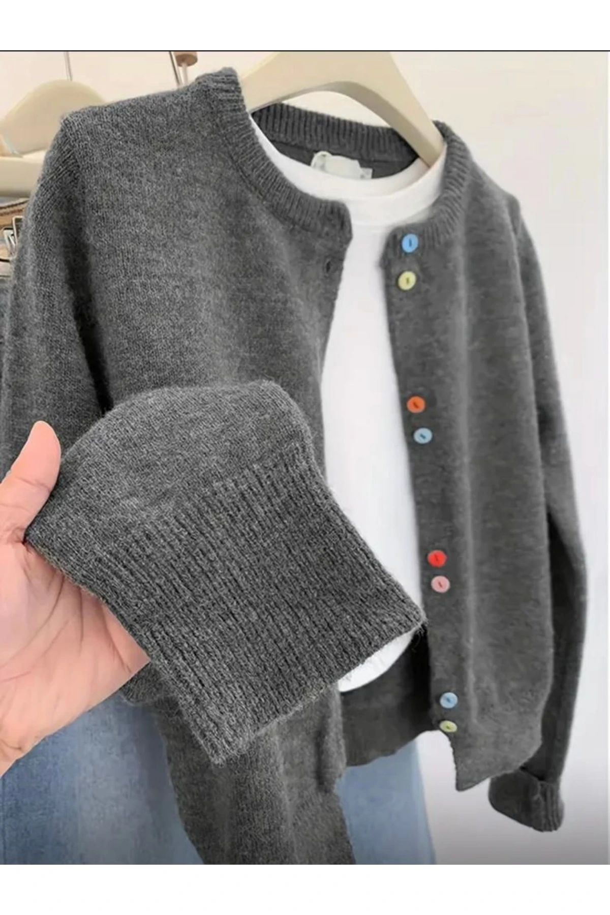 Kadın Antrasit Renkli Düğmeli Basic Triko Hırka